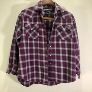 Williams Bay Mens XL Flannel Western Pearl Snap Plaid Shirt Burgundy Grey Cotton